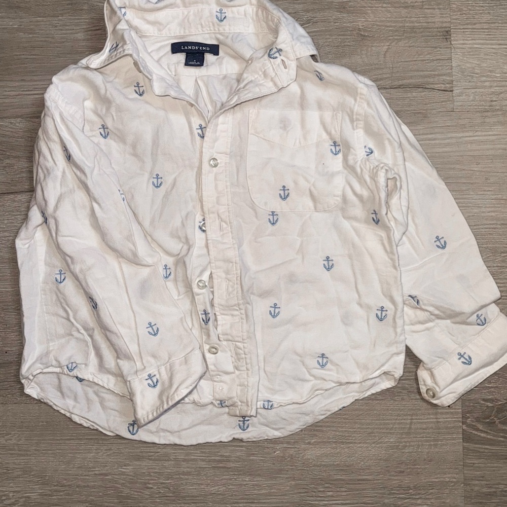 Lands' End Cream Shirt with Blue Anchor Pattern